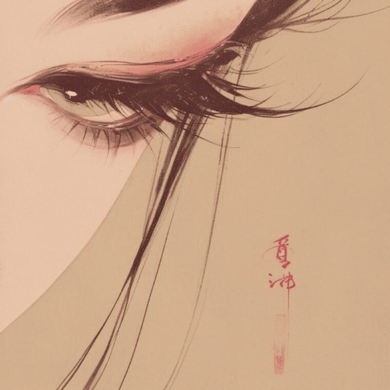 Fragment du visage d'une femme japonaise sur fond beige, peint de manière artistique.